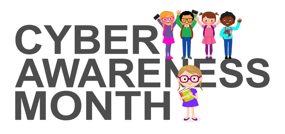 Cyber Awareness Month Logo. Words Cyber Awareness Month with children holding computer devices.