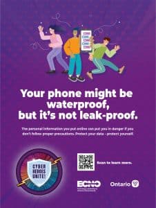 Graphic with the words 'Your phone might be waterproof, but it's not leak-proof. The personal information you put online can put you in danger if you don't follow proper precautions. Protect your data - protect yourself.' It includes a QR code that links to https://www.ecno.org/wp-content/uploads/2024/09/ECNO-CAM-24-Infosheets-E-_Part4.pdf