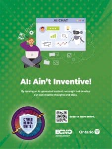 Graphic with the words 'AI: Ain't Inventive! By leaning on AI-generated content, we might not develop our own creative thoughts and ideas.' It includes a QR code that links to https://www.ecno.org/wp-content/uploads/2024/09/ECNO-CAM-24-Infosheets-E-_Part12.pdf