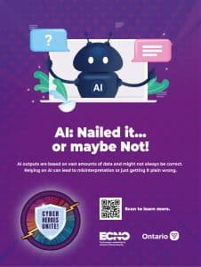 Graphic with the words 'AI: Nailed it... or maybe not! AI outputs are based on vast amounts of data and might not always be correct. Relying on AI can lead to misinterpretation or just getting it plain wrong.' It includes a QR code that links to https://www.ecno.org/wp-content/uploads/2024/09/ECNO-CAM-24-Infosheets-E-_Part12.pdf